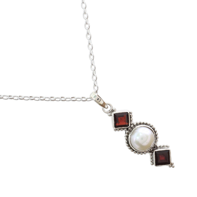 Garnet and cultured pearl pendant necklace, 'Red Guardians' - Garnet and Cultured Pearl Pendant Necklace from India