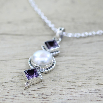 Amethyst and cultured pearl pendant necklace, 'Purple Guardians' - Amethyst and Cultured Pearl Pendant Necklace from India