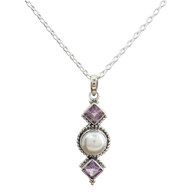Amethyst and cultured pearl pendant necklace, 'Purple Guardians' - Amethyst and Cultured Pearl Pendant Necklace from India