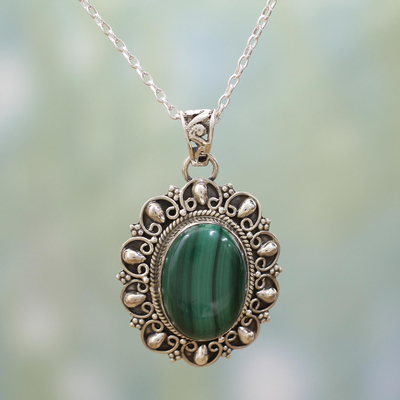 Malachite pendant necklace, 'Sophisticated in Green' - Malachite and Sterling Silver Pendant Necklace from India