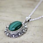 Malachite pendant necklace, 'Sophisticated in Green' - Malachite and Sterling Silver Pendant Necklace from India