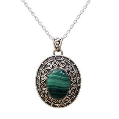 Malachite pendant necklace, 'Mystical Beauty' - Handcrafted Sterling Silver and Malachite Pendant Necklace