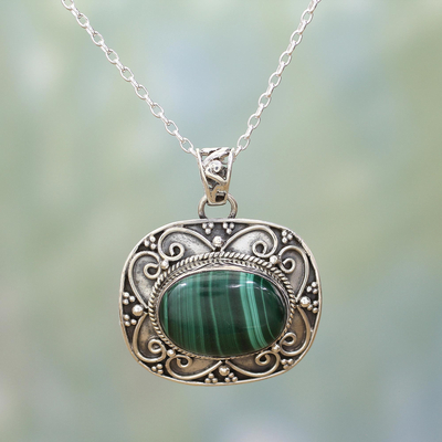 Malachite pendant necklace, 'Beguiling Green' - Sterling Silver Green Malachite Pendant and Chain