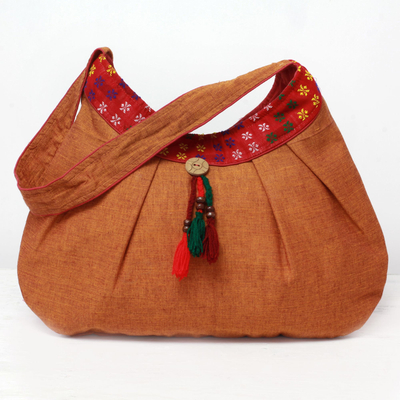 Cotton shoulder bag, 'Eastern Allure' - Indian Orange Floral Hand-woven 100% Cotton Shoulder Bag