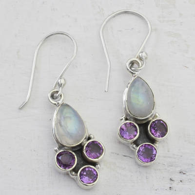 Rainbow moonstone and amethyst dangle earrings, 'Enthralling Sky in Purple' - Rainbow Moonstone and Amethyst Dangle Earrings from India