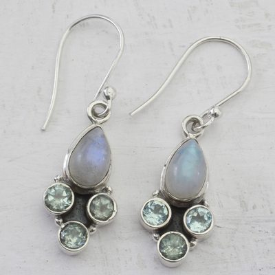 Rainbow moonstone and blue topaz dangle earrings, 'Enthralling Sky in Blue' - Blue Topaz and Rainbow Moonstone Dangle Earrings from India