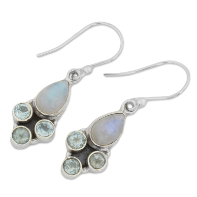 Rainbow moonstone and blue topaz dangle earrings, 'Enthralling Sky in Blue' - Blue Topaz and Rainbow Moonstone Dangle Earrings from India