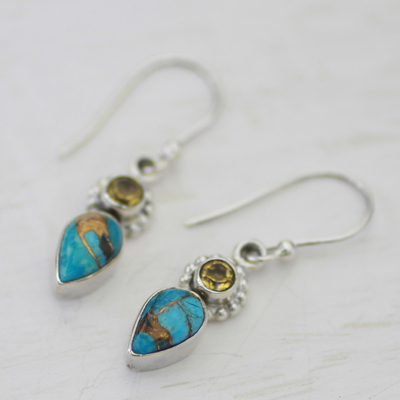 Citrine dangle earrings, 'Watery Allure' - Citrine and Composite Turquoise Dangle Earrings from India