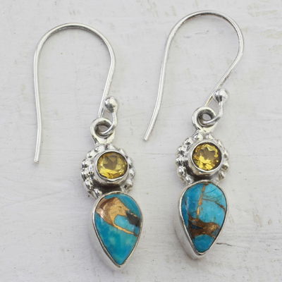 Citrine dangle earrings, 'Watery Allure' - Citrine and Composite Turquoise Dangle Earrings from India