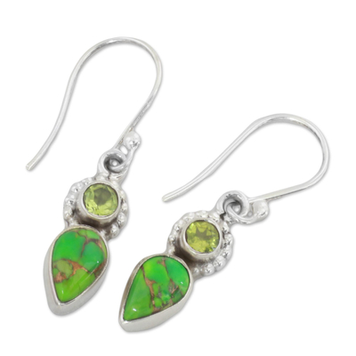 Peridot dangle earrings, 'Arbor Allure' - Peridot and Composite Turquoise Dangle Earrings from India