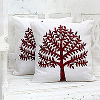 Cotton cushion covers, 'Chinar Tree' (pair) - Embroidered Cotton Cushion Covers Red Tree (Pair) India