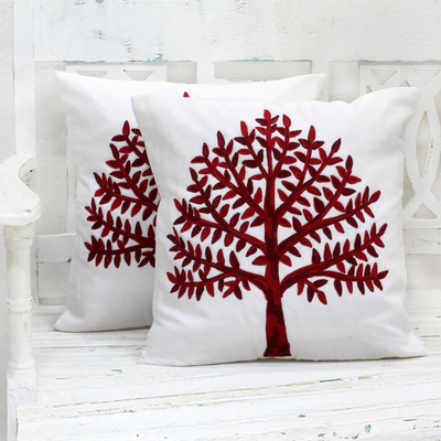 Cotton cushion covers, 'Chinar Tree' (pair) - Embroidered Cotton Cushion Covers Red Tree (Pair) India