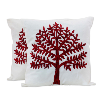 Embroidered Cotton Cushion Covers Red Tree (Pair) India