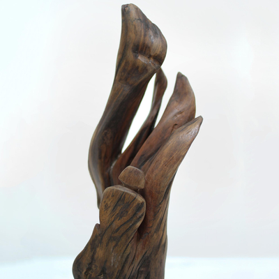 Reclaimed wood sculpture, 'Poetic Mood' - Hand Made Driftwood Sculpture from India with Human in Tree