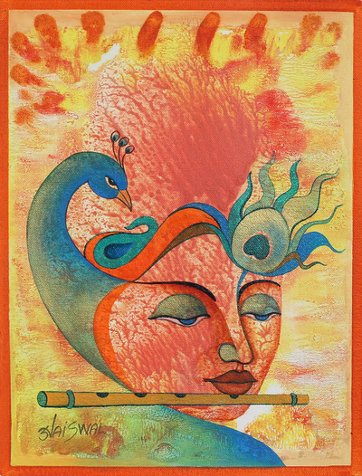 'Encarnación de Vishnu' - Pintura expresionista de Vishnu con pavo real de la India