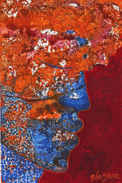 'Fragrance' - Expressionist Painting of a Face in Orange from India