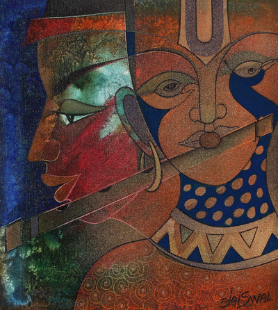 „Musikmeditation – göttlicher Krishna“ – Mehrfarbige expressionistische Acrylmalerei aus Indien