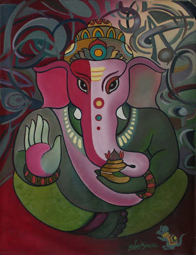 'Holy Ganesha' - Oil Expressionist Painting of Ganesha from India