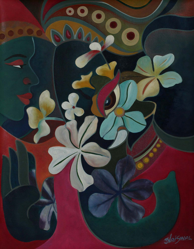 'Siddi Vinayak' - Pintura expresionista floral de rostros de la India