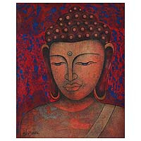'Buda - La paz sea en la tierra' - Pintura expresionista de Buda en rojo de la India