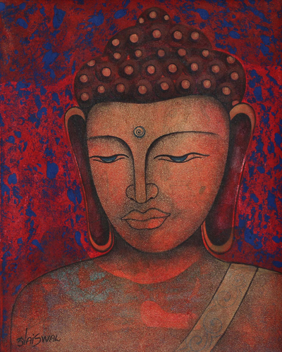 Expressionist Painting of Buddha in Red from India