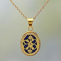 Gold plated pendant necklace, 'Blue Midnight Blossom' - Blue Glass Floral Pendant Necklace Thewa 23k Gold India