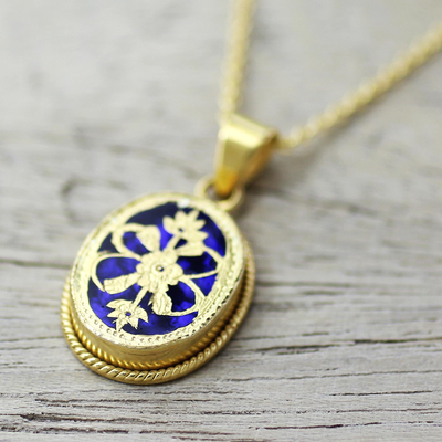 Gold plated pendant necklace, 'Blue Midnight Blossom' - Blue Glass Floral Pendant Necklace Thewa 23k Gold India