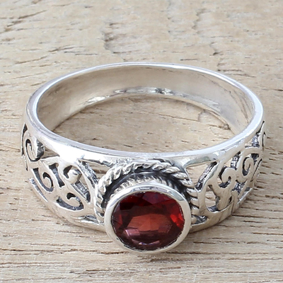 Garnet single stone ring, 'Blossoming Desire' - Garnet and Sterling Silver Single Stone Ring from India