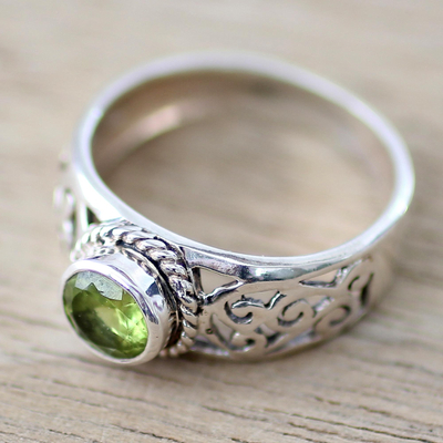 Peridot single stone ring, 'Blossoming Desire' - Peridot and Sterling Silver Indian Ring with Paisley Design