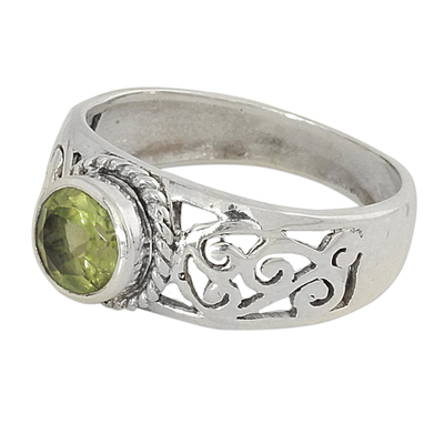 Peridot single stone ring, 'Blossoming Desire' - Peridot and Sterling Silver Indian Ring with Paisley Design