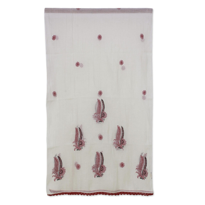 Cotton and silk blend shawl, 'Chikan Flowers in Wine' - Cotton and Silk Shawl in Champagne and Wine from India