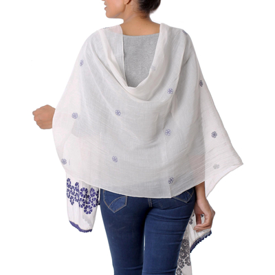 Cotton and silk blend shawl, 'Chikan Flowers in Indigo' - Cotton and Silk Shawl in Champagne and Indigo from India