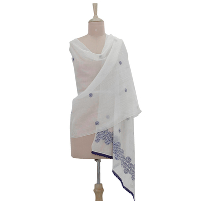Cotton and silk blend shawl, 'Chikan Flowers in Indigo' - Cotton and Silk Shawl in Champagne and Indigo from India