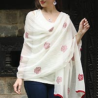 Cotton and silk blend shawl, 'Chikan Roses in Claret' - Cotton and Silk Shawl in Champagne and Claret from India
