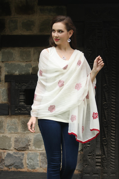 Cotton and silk blend shawl, 'Chikan Roses in Claret' - Cotton and Silk Shawl in Champagne and Claret from India