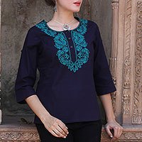 Cotton tunic, 'Indigo Magnificence' - Indigo Blue Cotton Tunic with Turquoise Floral Embroidery