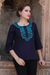Cotton tunic, 'Indigo Magnificence' - Indigo Blue Cotton Tunic with Turquoise Floral Embroidery