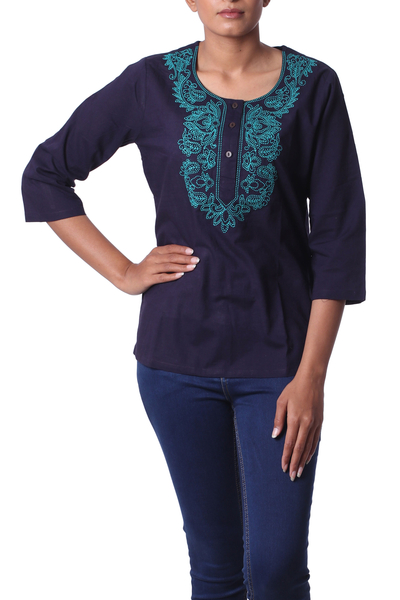 Cotton tunic, 'Indigo Magnificence' - Indigo Blue Cotton Tunic with Turquoise Floral Embroidery