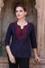Cotton tunic, 'Indigo Grandeur' - Red Lotus Embroidery on Indigo Blue Cotton Tunic from India thumbail