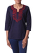 Cotton tunic, 'Indigo Grandeur' - Red Lotus Embroidery on Indigo Blue Cotton Tunic from India (image 2a) thumbail