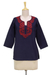 Cotton tunic, 'Indigo Grandeur' - Red Lotus Embroidery on Indigo Blue Cotton Tunic from India (image 2c) thumbail