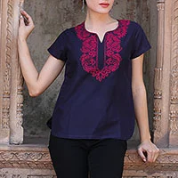 Cotton tunic, 'Midnight Blue Splendor' - Fuchsia Lotus Embroidery on Blue Cotton Tunic from India