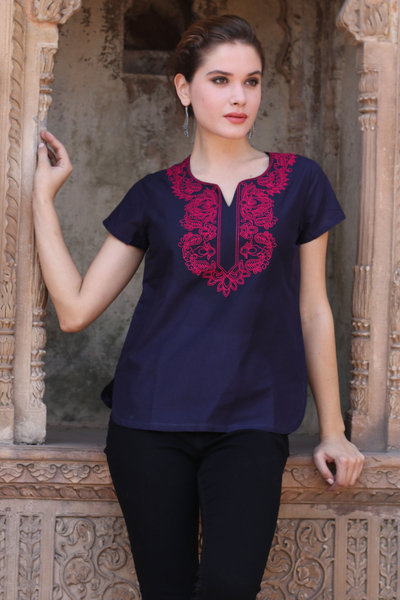 Cotton tunic, 'Midnight Blue Splendor' - Fuchsia Lotus Embroidery on Blue Cotton Tunic from India
