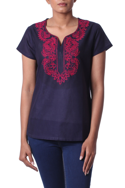 Cotton tunic, 'Midnight Blue Splendor' - Fuchsia Lotus Embroidery on Blue Cotton Tunic from India