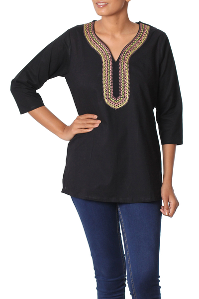 Cotton tunic, 'Sumptuous Ebony' - Black Cotton Indian Tunic with Bright Abstract Embroidery