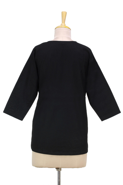 Cotton tunic, 'Sumptuous Ebony' - Black Cotton Indian Tunic with Bright Abstract Embroidery