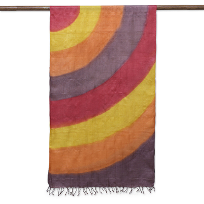 Silk shawl, 'Dusk Stripes' - Hand Woven Multicolored Striped Silk Shawl from India