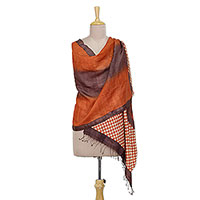 Silk shawl, 'Festive Flame' - Hand Woven Striped Indian Silk Shawl in Flame and Brown