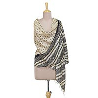 Silk shawl, 'Midnight Flock' - Hand Woven Striped Indian Silk Shawl in Ivory and Coal Black