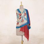 Silk shawl, 'Apple Blooms' - Hand Woven Floral Indian Silk Shawl in Peacock and Apple